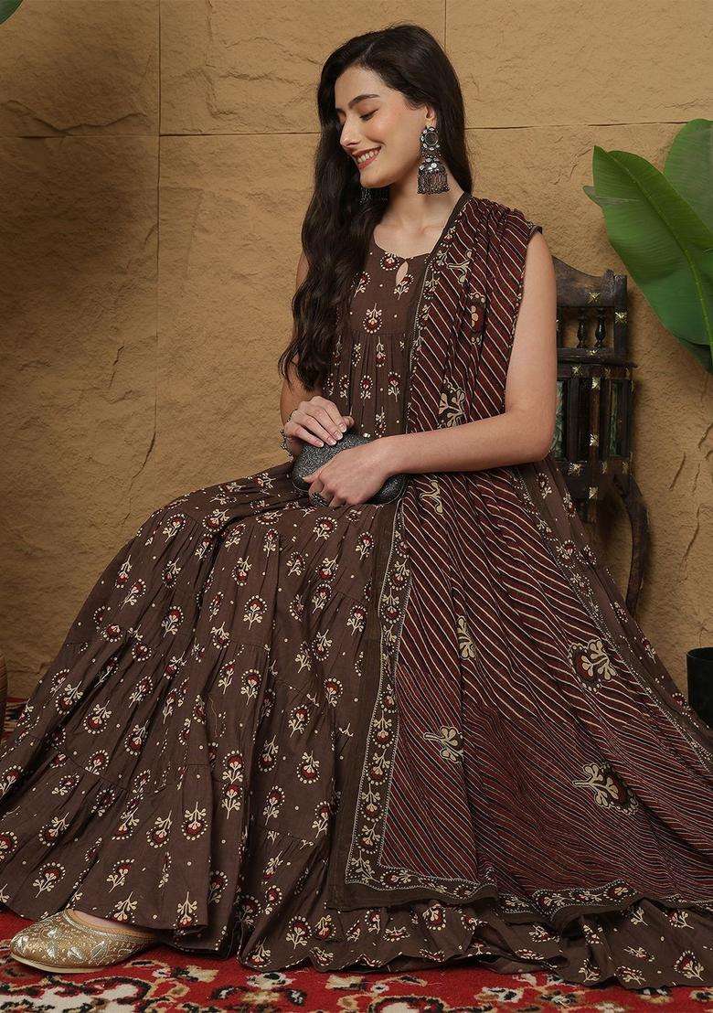Brown Printed Cotton Anarkali Set - Indya