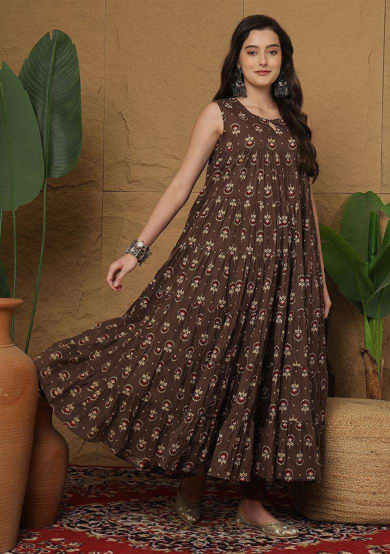 Brown Printed Cotton Anarkali Set - Indya