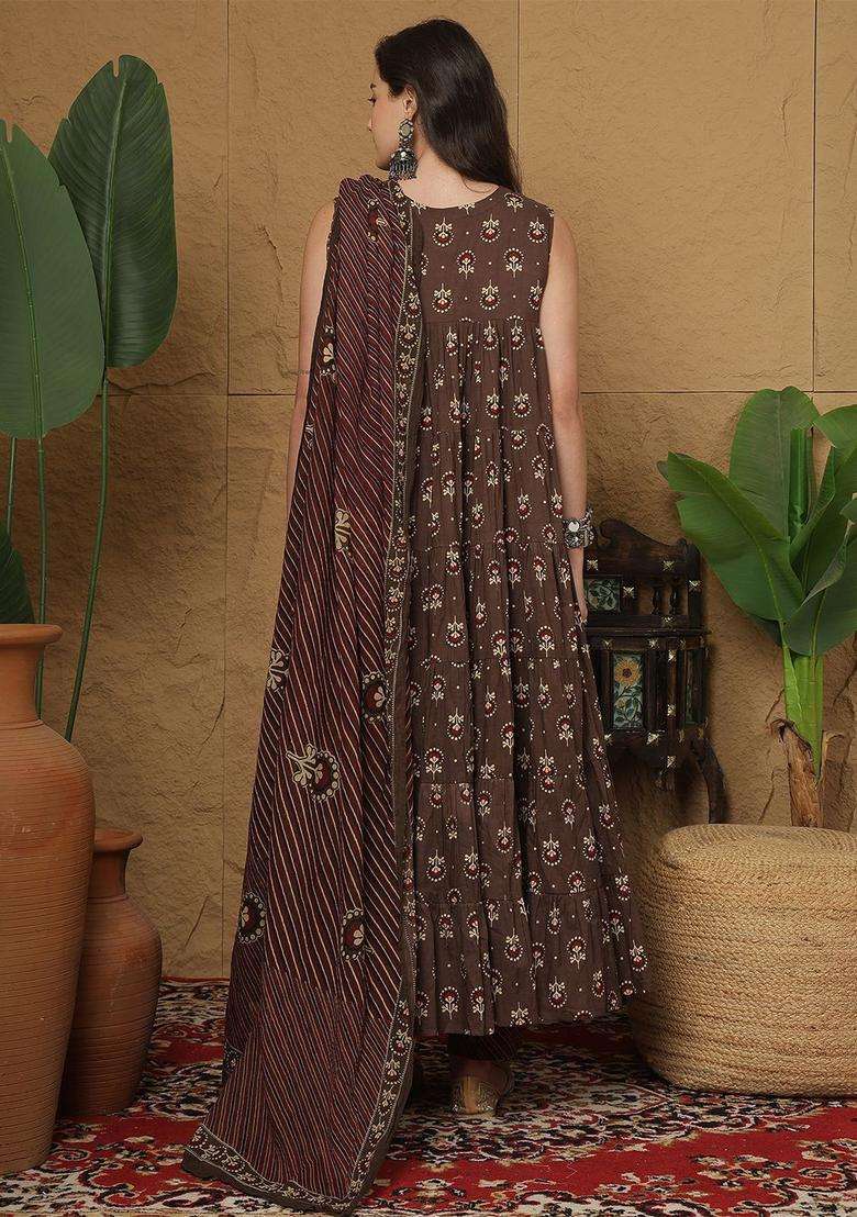 Brown Printed Cotton Anarkali Set - Indya