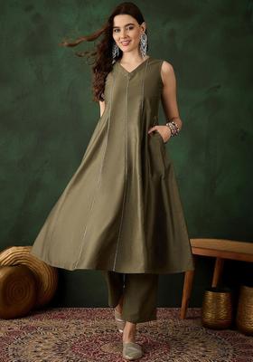 Olive Solid Silk Blend Kurta Set