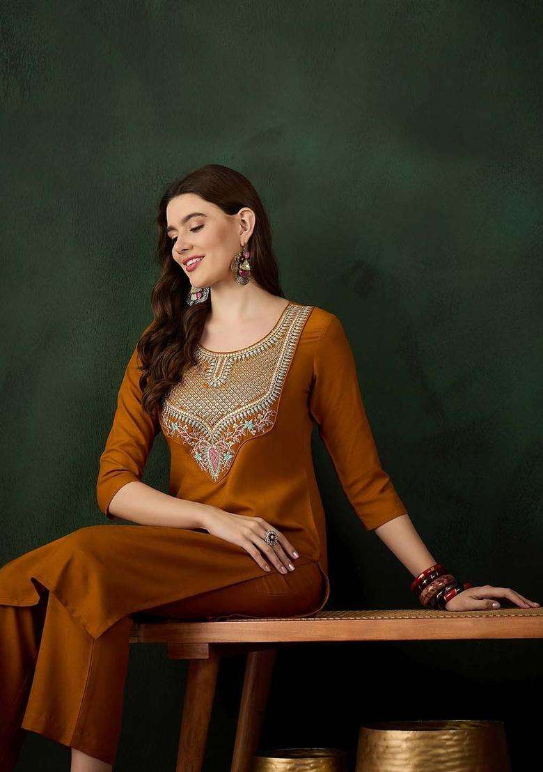 Mustard Solid Cotton Kurta Set - Indya