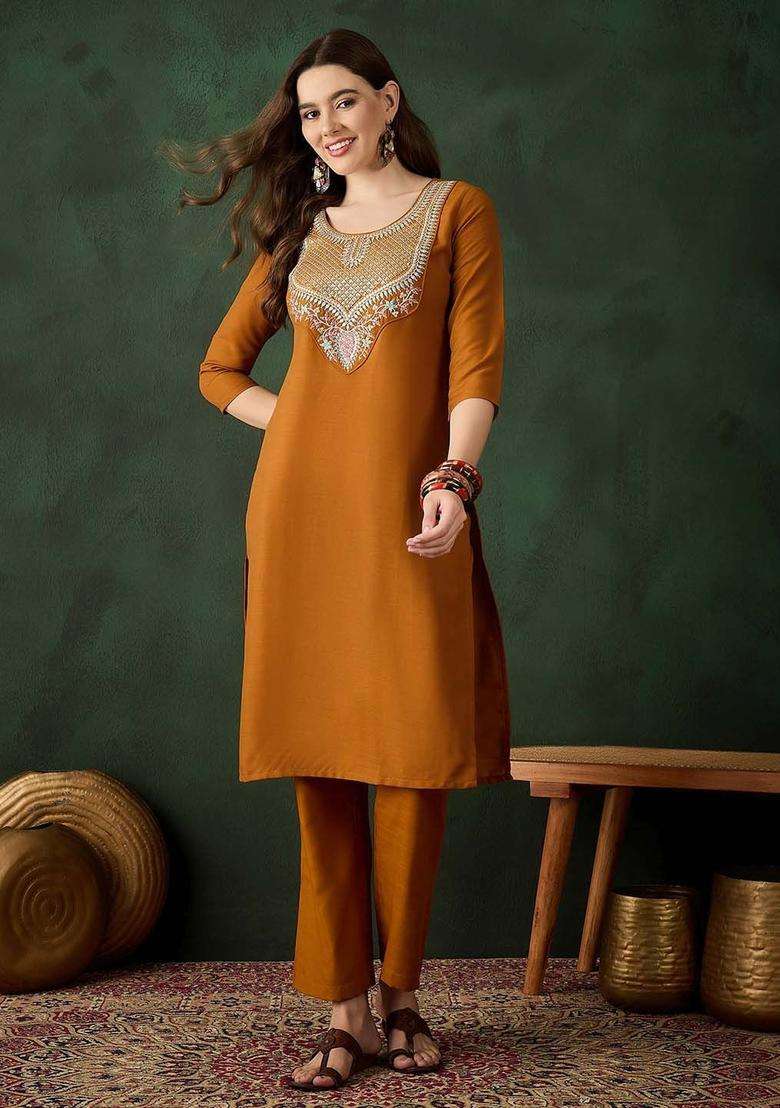 Mustard Solid Cotton Kurta Set - Indya
