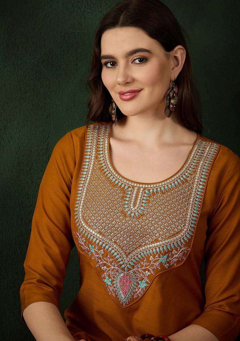 Mustard Solid Cotton Kurta Set - Indya