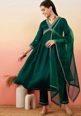 Green Embroidered Silk Anarkali Set