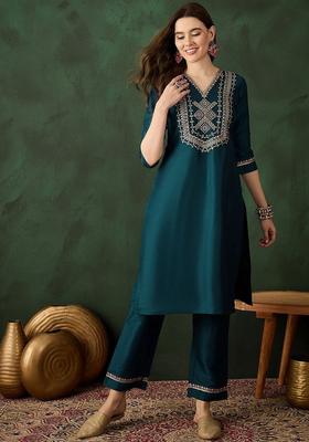 Teal Solid Silk Blend Kurta Set