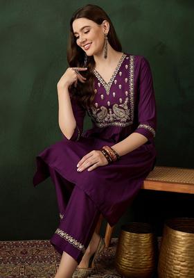 Purple Solid Silk Blend Kurta Set