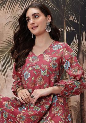 Maroon Printed Polyester Kurta Set