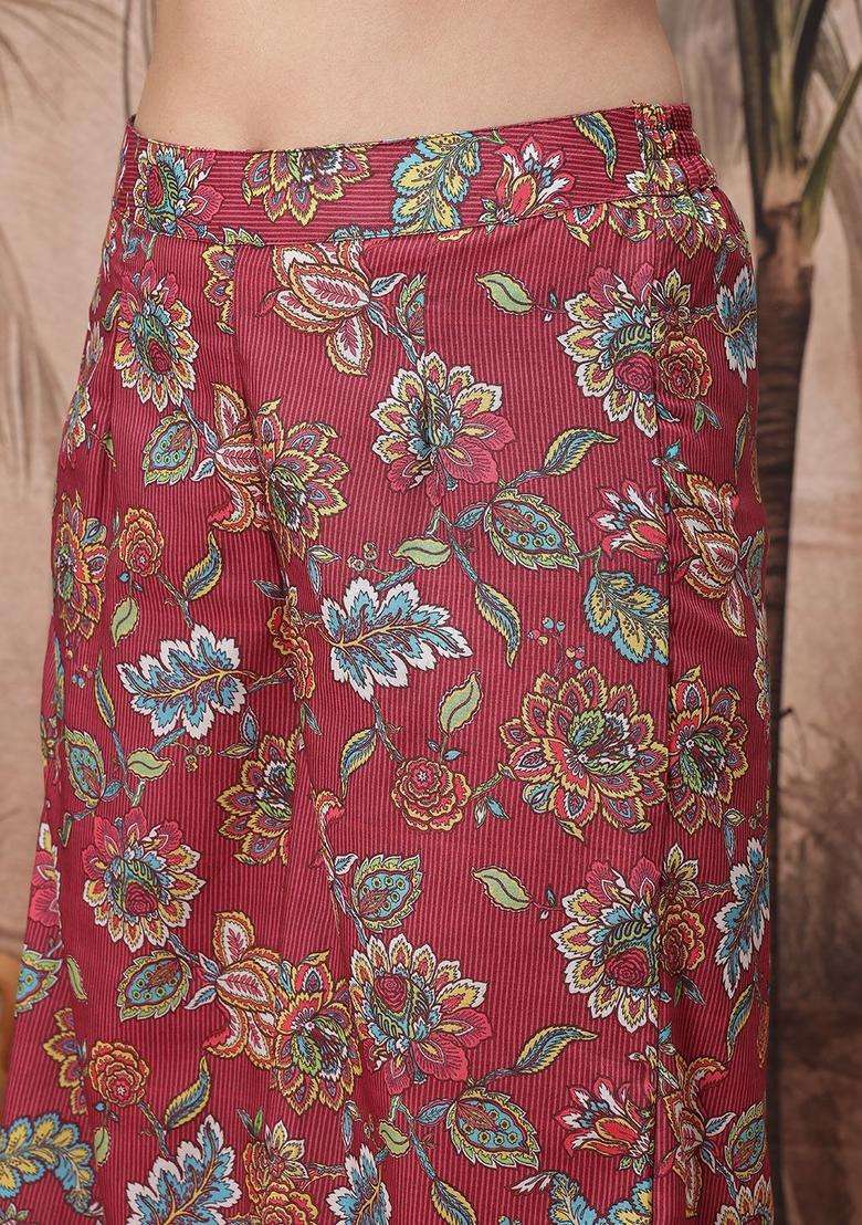 Maroon Printed Polyester Kurta Set - Indya