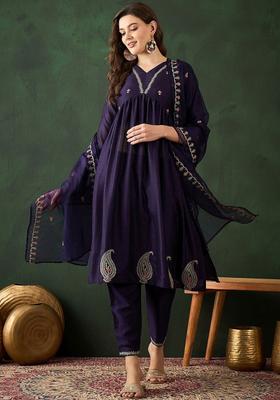 Navy Blue Embroidered Silk Anarkali Set