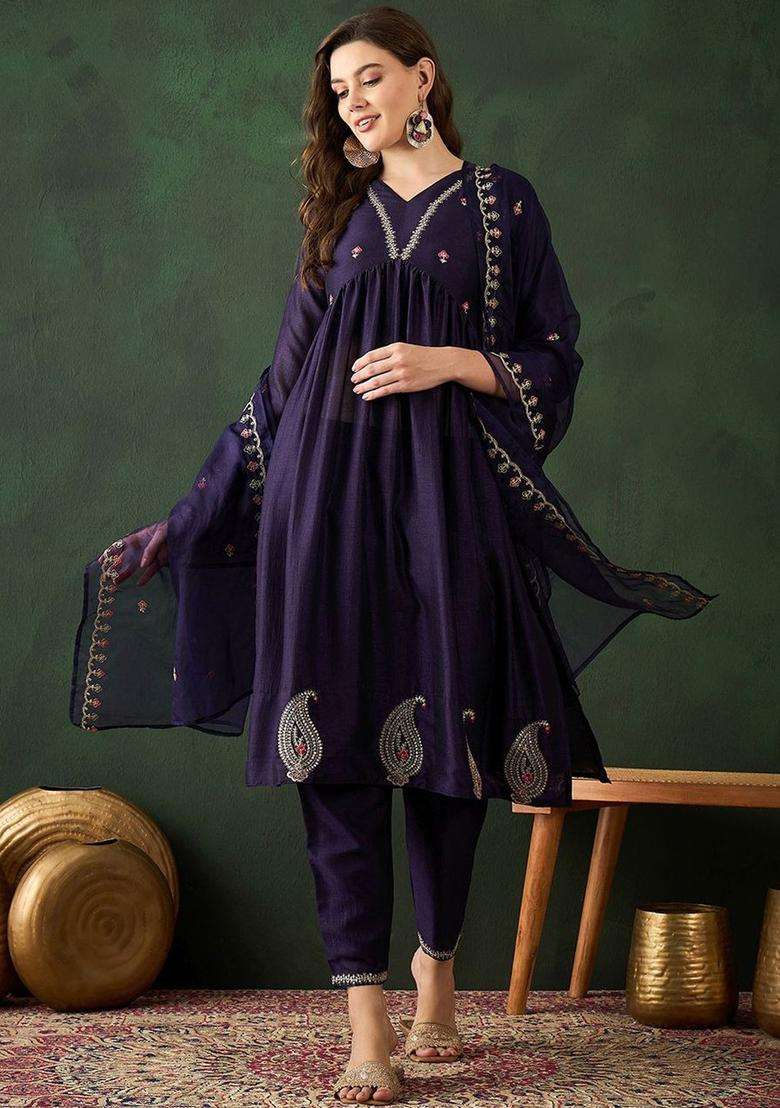 Navy Blue Embroidered Silk Anarkali Set - Indya