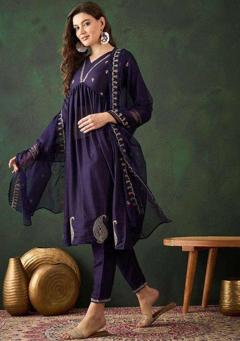 Navy Blue Embroidered Silk Anarkali Set - Indya