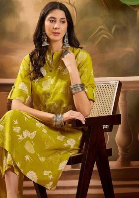 Lime Green Printed Cotton Kurta Set