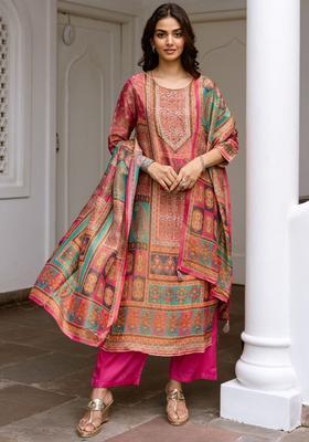 Pink Printed Organza Kurta Set