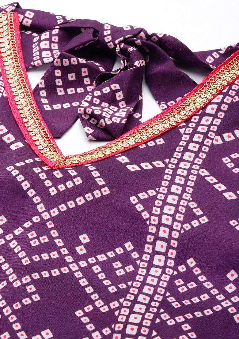 Purple Printed Polyester Kurta Set - Indya