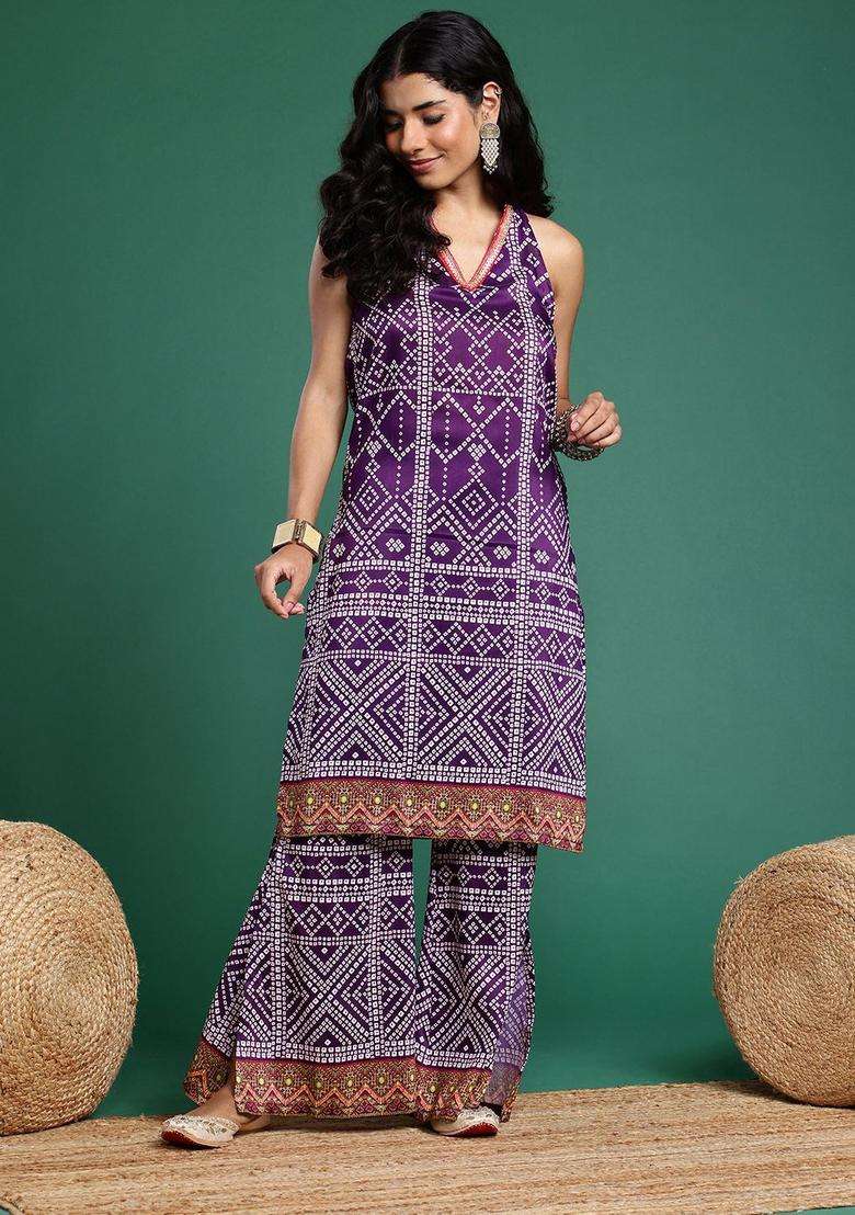 Purple Printed Polyester Kurta Set - Indya