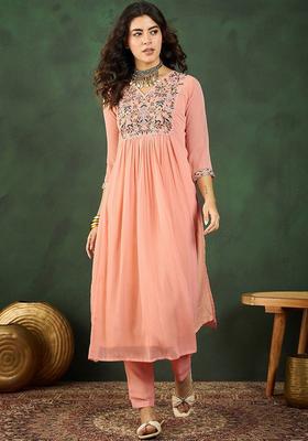Peach Embroidered Georgette Kurta Set