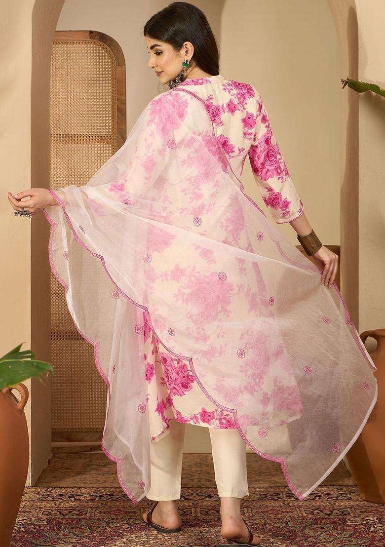 Rose Printed Silk Blend Kurta Set - Indya