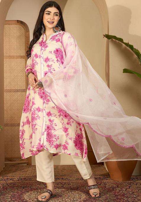Rose Printed Silk Blend Kurta Set