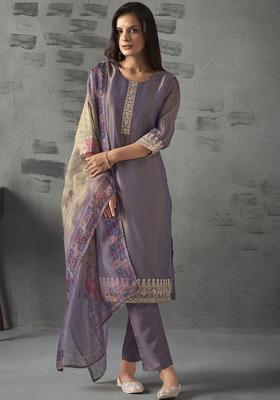Purple Yoke Design Tissue Kurta Set