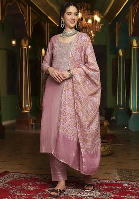 Mauve Embroidered Silk Blend Kurta Set