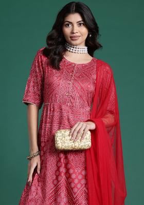 Red Printed Polyester Kurta Set