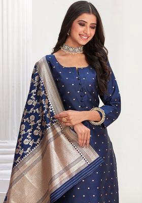 Navy Blue Woven Design Silk Blend Kurta Set
