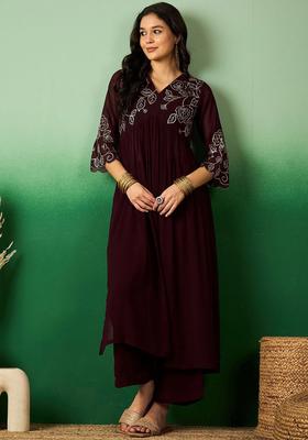 Brown Embroidered Georgette Kurta Set