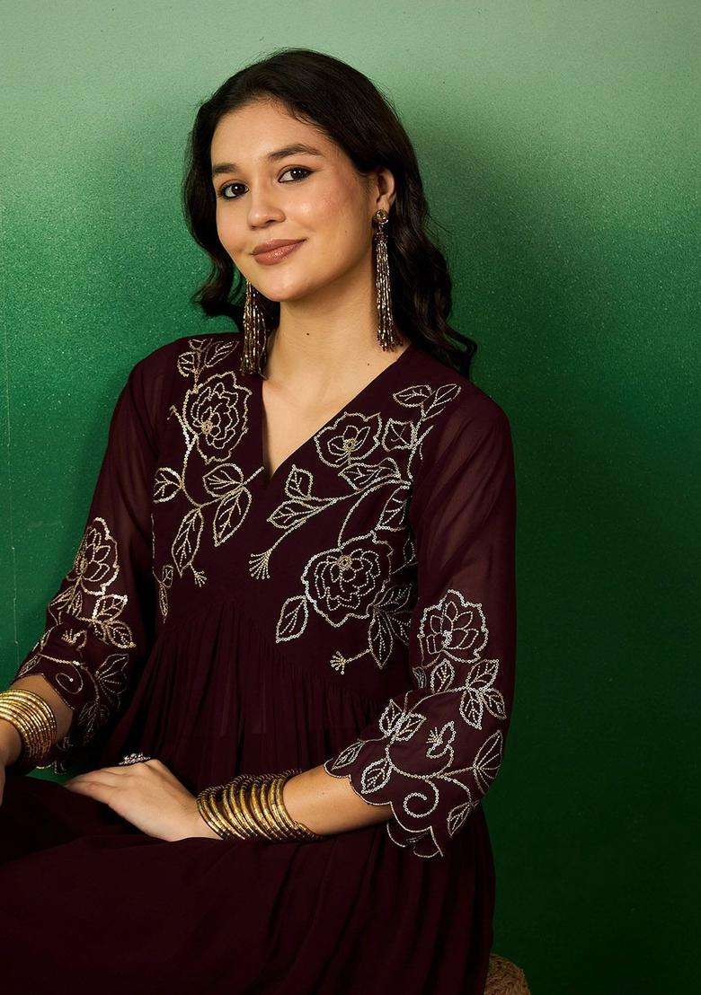 Brown Embroidered Georgette Kurta Set - Indya