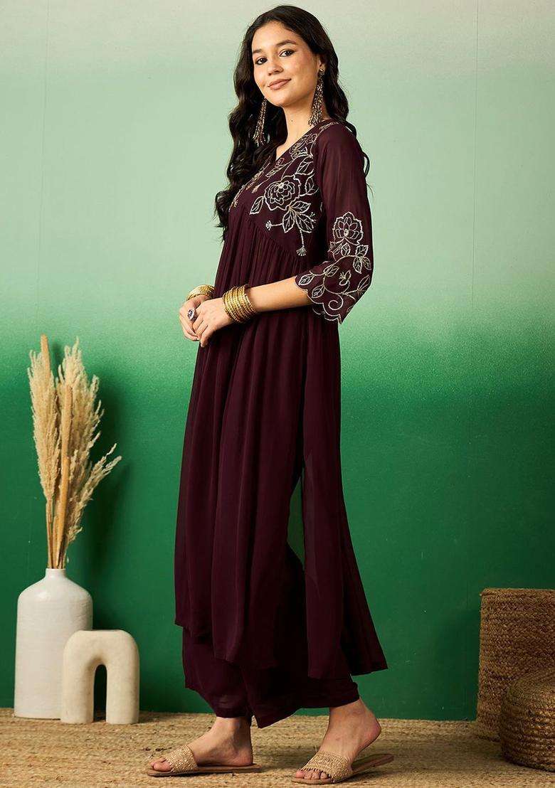 Brown Embroidered Georgette Kurta Set - Indya