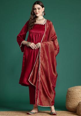 Maroon Solid Polyester Kurta Set