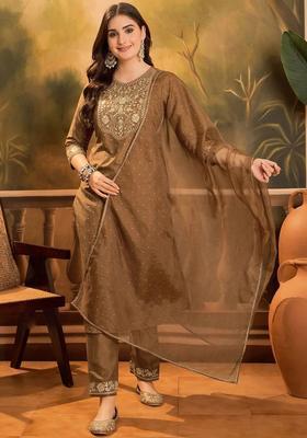 Camel Brown Embroidered Silk Kurta Set