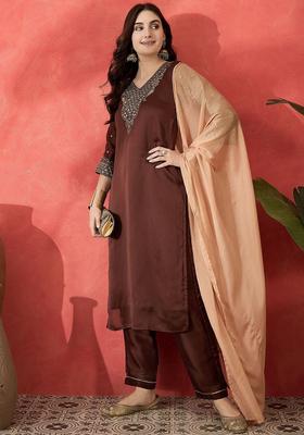 Brown Yoke Design Silk Blend Kurta Set