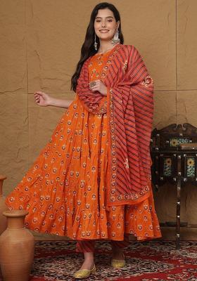 Orange Printed Cotton Anarkali Set