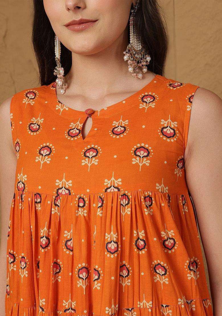 Orange Printed Cotton Anarkali Set - Indya