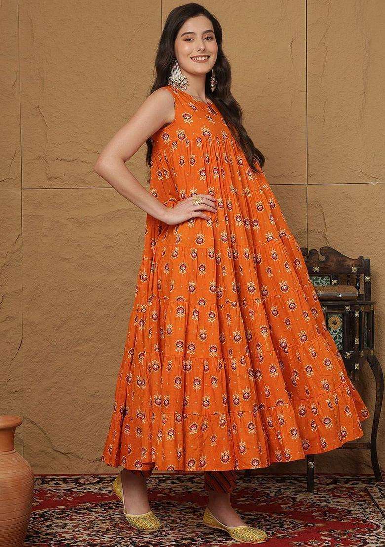 Orange Printed Cotton Anarkali Set - Indya