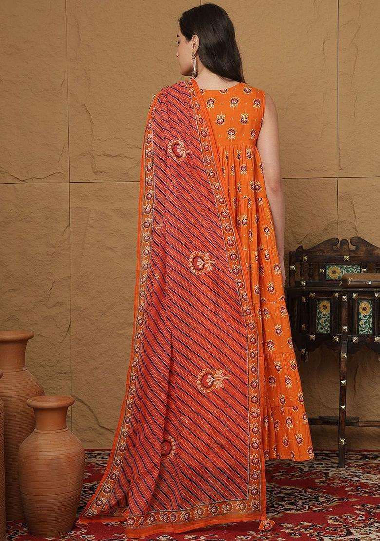 Orange Printed Cotton Anarkali Set - Indya