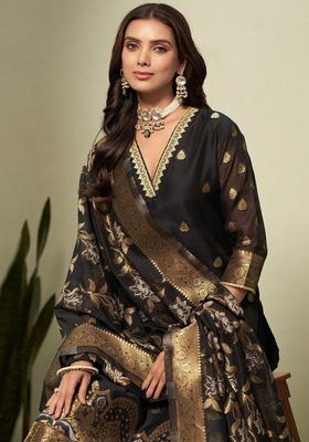Black Woven Design Silk Blend Kurta Set