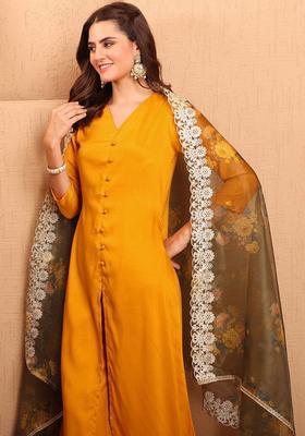 Mustard Solid Silk Blend Kurta Set