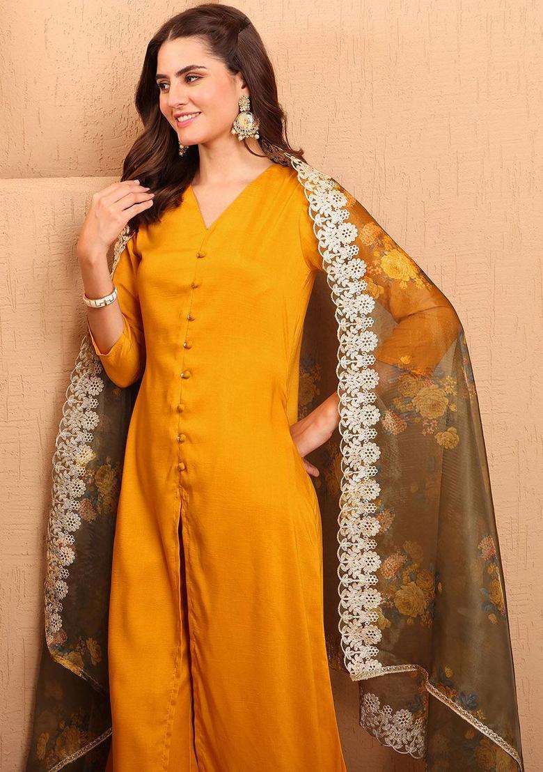 Mustard Solid Silk Blend Kurta Set - Indya