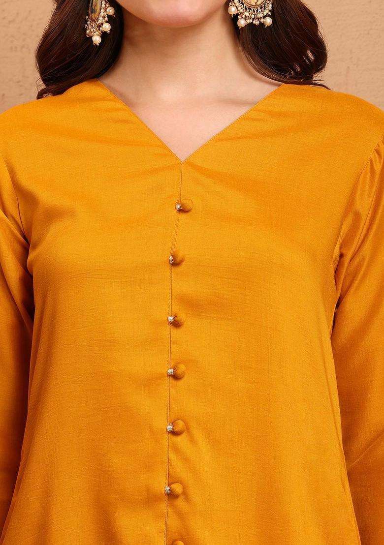 Mustard Solid Silk Blend Kurta Set - Indya