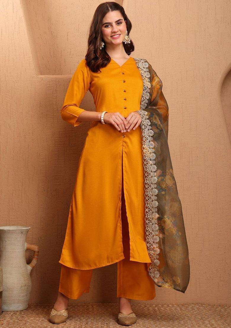 Mustard Solid Silk Blend Kurta Set - Indya