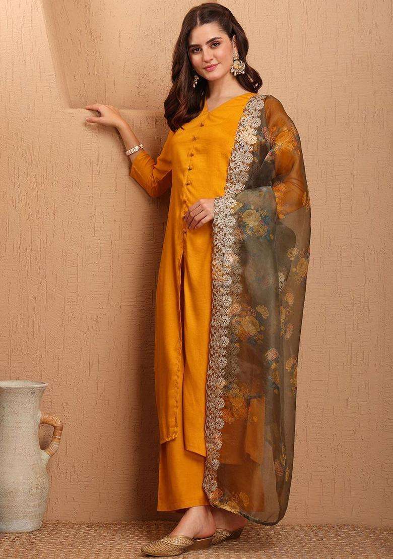 Mustard Solid Silk Blend Kurta Set - Indya