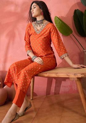 Orange Printed Silk Kurta Set