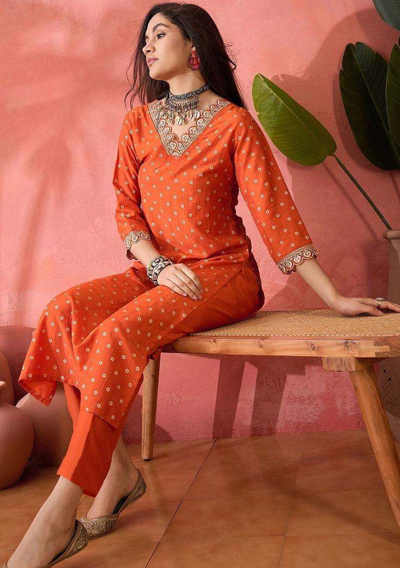 Orange Printed Silk Blend Kurta Set - Indya