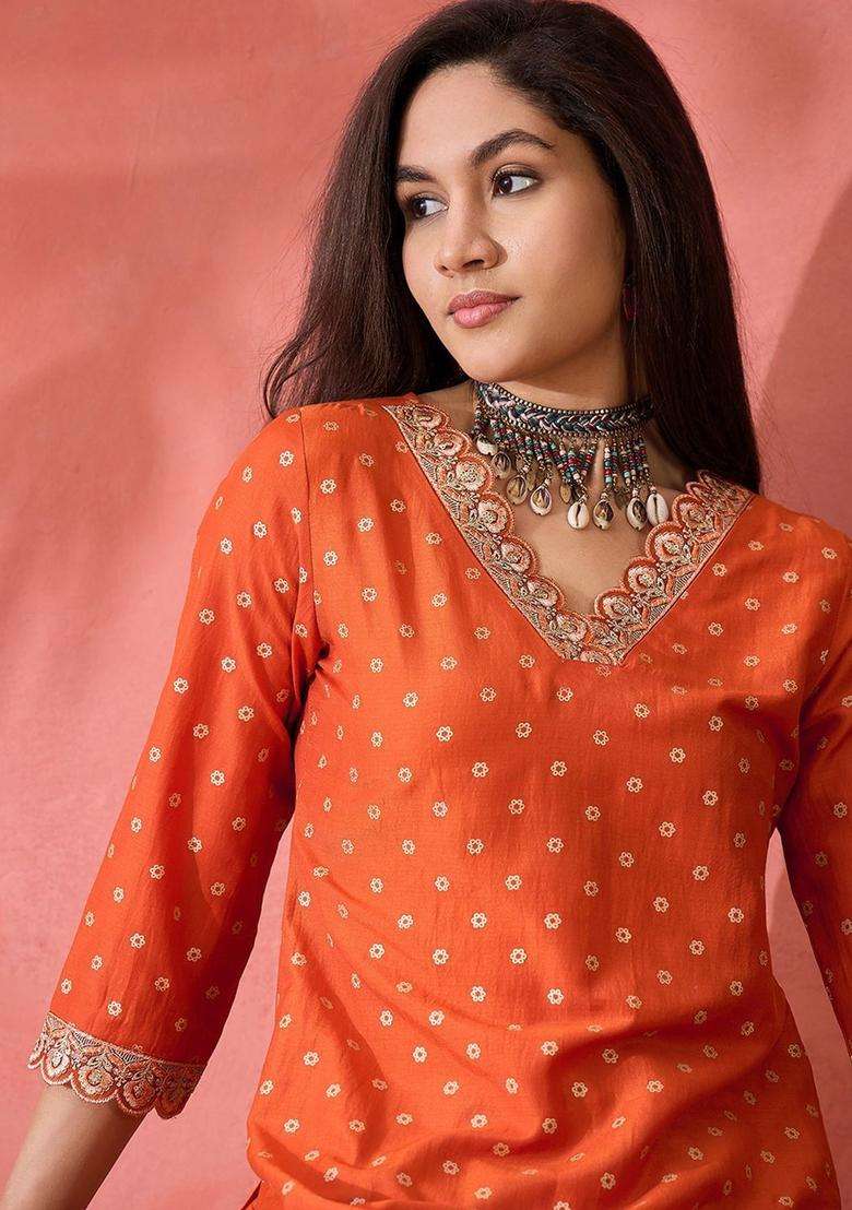 Orange Printed Silk Blend Kurta Set - Indya