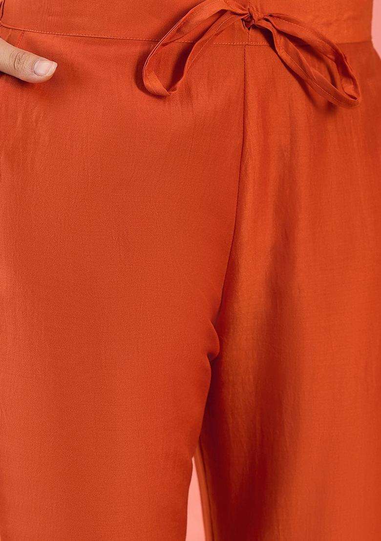 Orange Printed Silk Blend Kurta Set - Indya