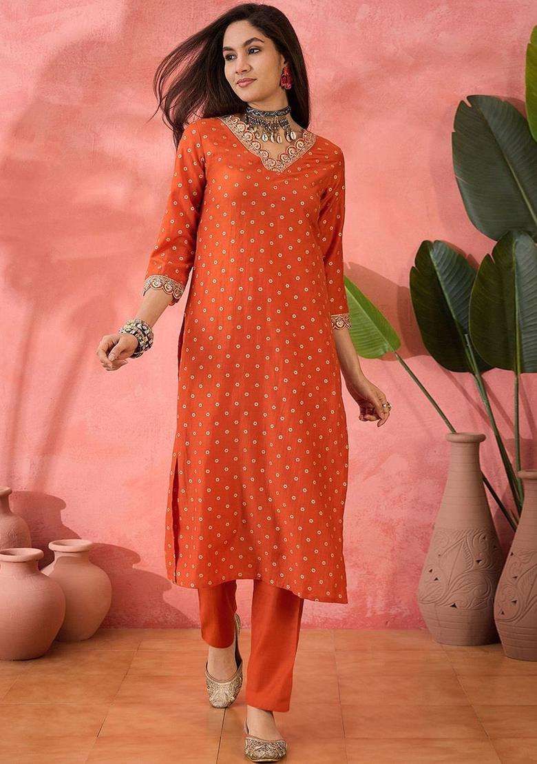 Orange Printed Silk Blend Kurta Set - Indya
