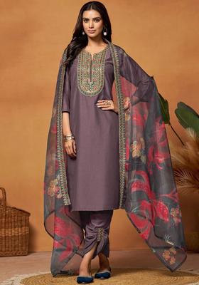 Purple Embroidered Chinon Kurta Set