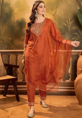 Orange Printed Silk Kurta Set