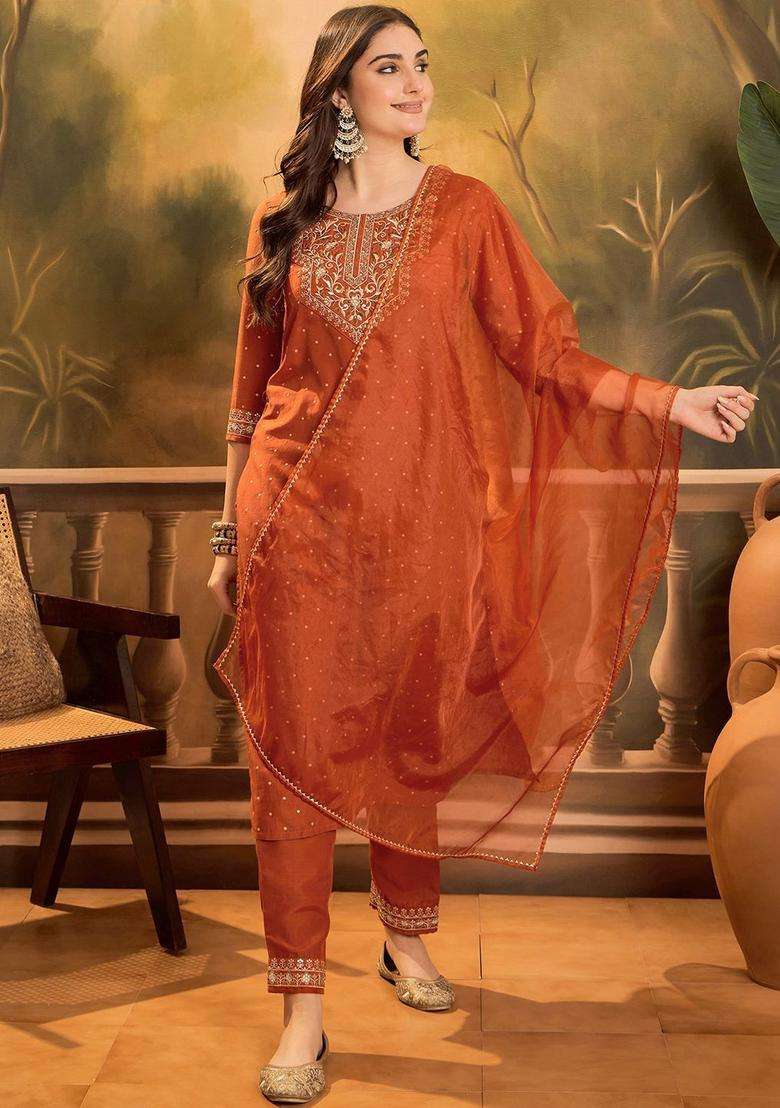 Orange Printed Silk Blend Kurta Set - Indya